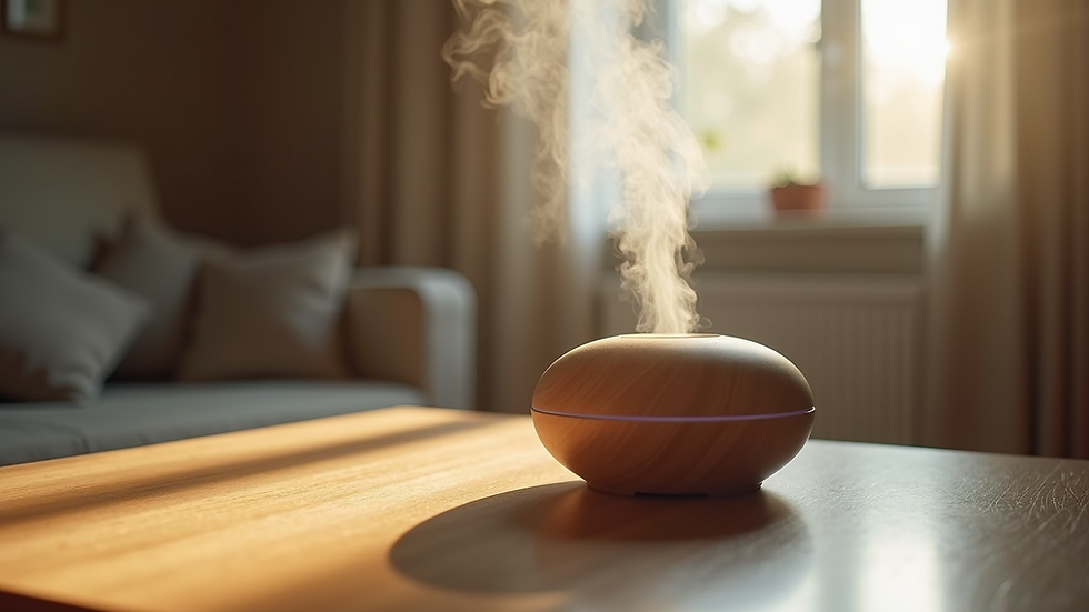 Eye-level view of diffuser emitting aromatic mist in a cozy room