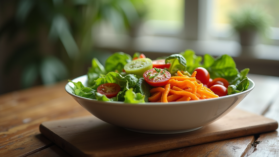 Eye-level view of a fresh vegetable salad bowl on a wooden table