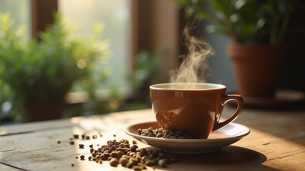 Eye-level view of a steaming cup of herbal tea on a rustic wooden table