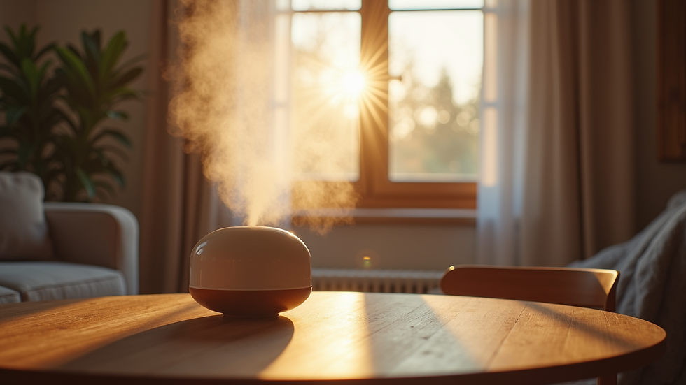 High angle view of a diffuser releasing mist in a cozy living room