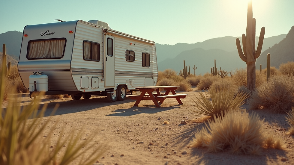 Eye-level view of a cozy RV site with picnic table and desert plants