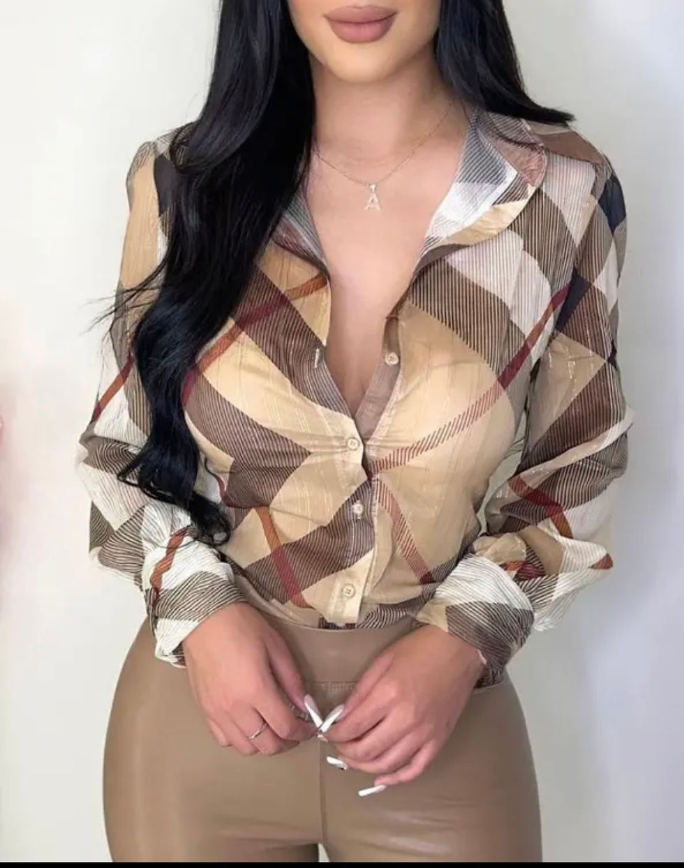 Thumbnail: Plaid Linen Long Sleeve Top