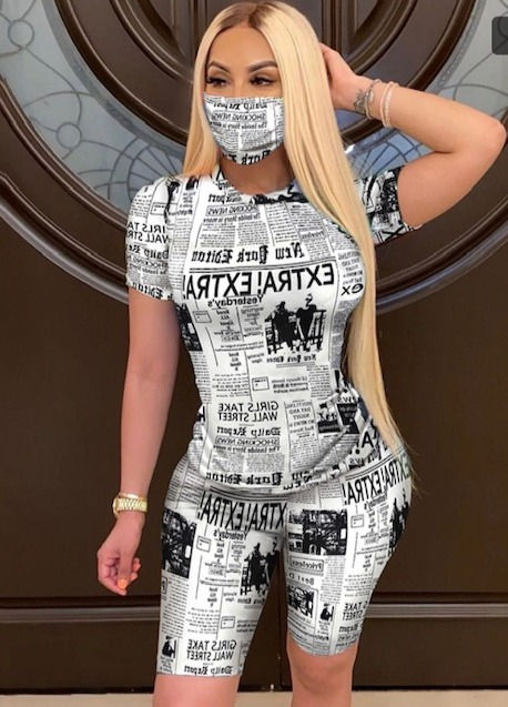 Thumbnail: Newspaper Print Short Sleeve Top with Face Bandana & Shorts Set