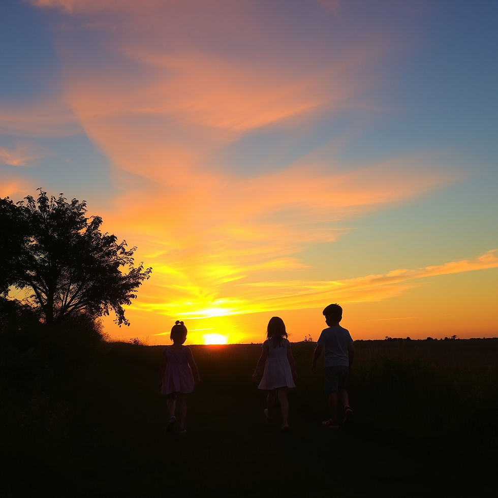 children walking and playing towards a beautiful sunset horizon.