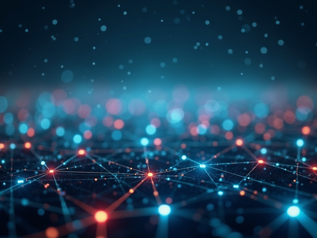 A conceptual abstract visualization of digital banking networks across a landscape