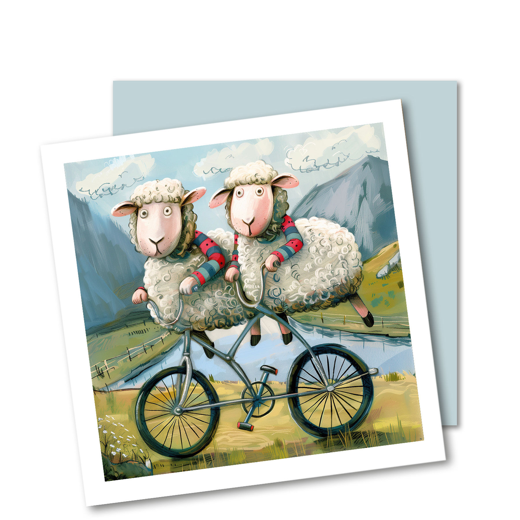 Illustrert kort (dobbelt med konvolutt) av to sauer på sykkeltur .