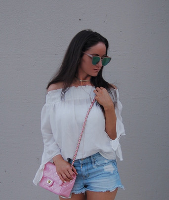 Summer look cutoffs and off the shoulder top!