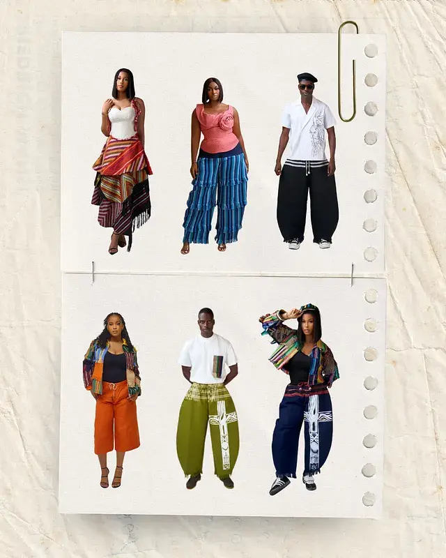 Six fashion models in colorful patterned outfits on white pages clipped together, shown as a stylish design collage.