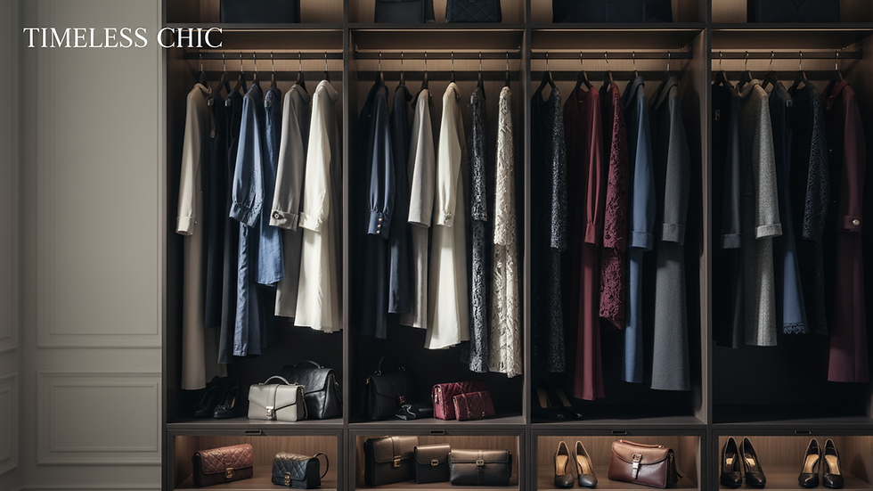 Eye-level view of a wardrobe with elegant and sophisticated clothing pieces