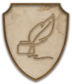 An icon depicting a shield with a quill and ink.