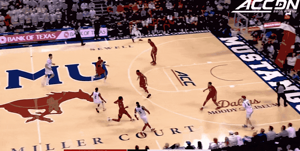 When the screen is set on Holloman, Lubin has to sink to contain the dribble and stay connected to the big on the roll. Essentially, he's temporarily guarding two player. When Holloman can't get around that screen, it basically hangs Lubin out to dry. He sinks with the big and the shooter gets a good look. 