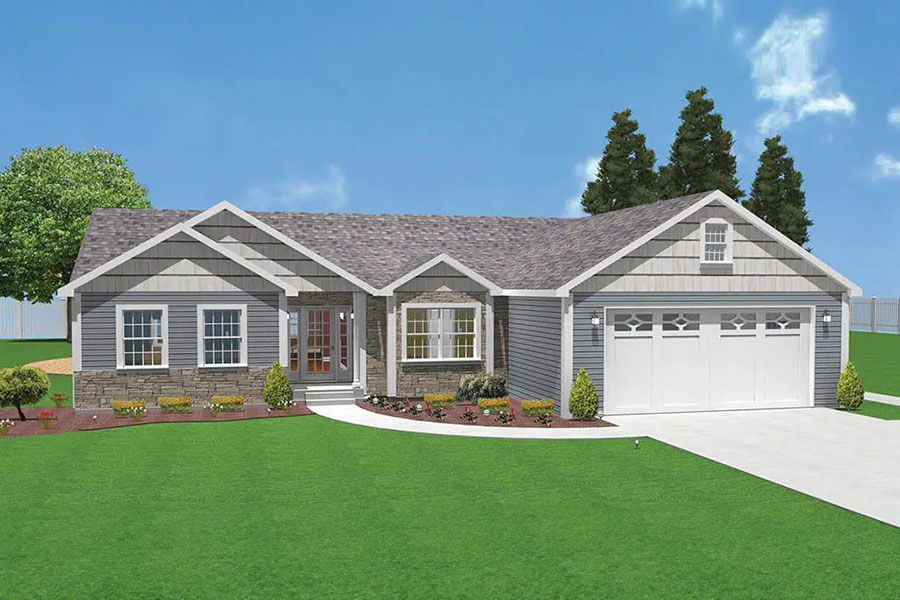 Modern custom modular home design with light gray siding and a spacious attached two-car garage.