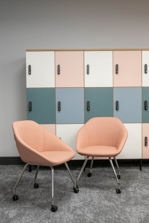 multicoloured lockers and seating area