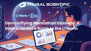 A professional digital illustration for Frugal Scientific titled "Demystifying Manhattan Distance," showing a data scientist analyzing L1 Norm formulas and charts in a modern city office.