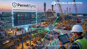 A digital command center dashboard overlaying a large-scale industrial project site, illustrating PermitSync's integration of biometric tracking and safety permit verification.