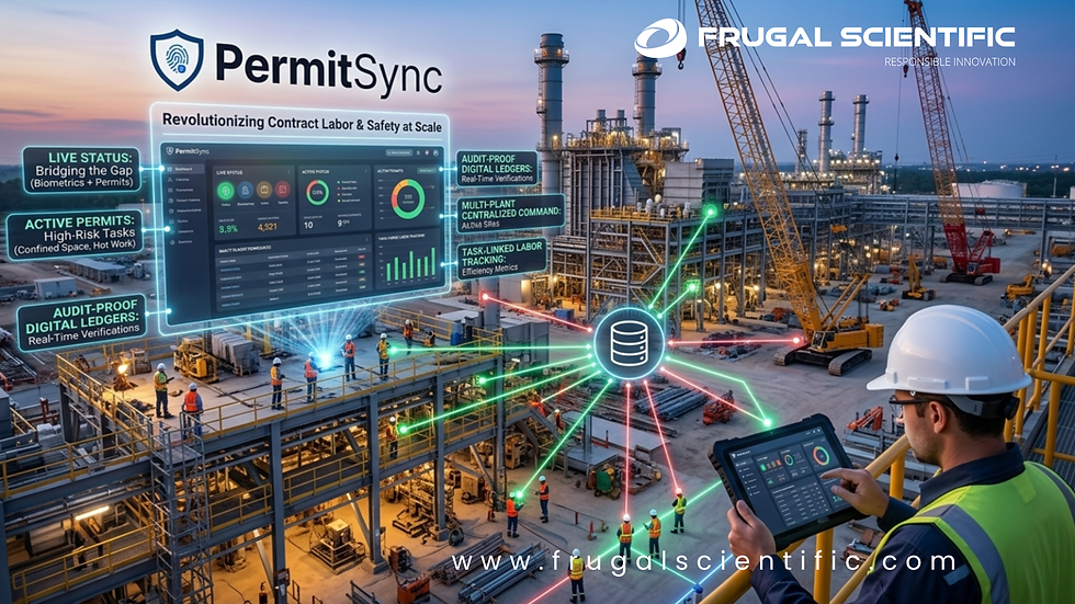 A digital command center dashboard overlaying a large-scale industrial project site, illustrating PermitSync's integration of biometric tracking and safety permit verification.