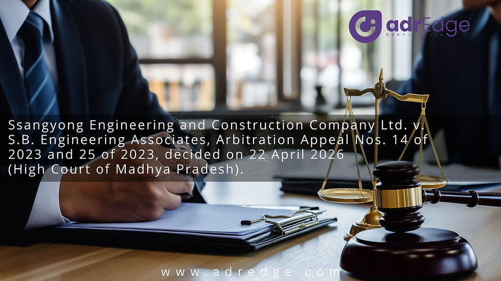 adrEdge banner featuring a scale of justice and gavel for the Ssangyong v S.B. Engineering Associates 2026 arbitration case ruling.