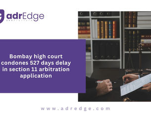 A judge signing a contract agreement next to a balance scale of justice and legal books, representing the Bombay High Court ruling on arbitration delay condonation.