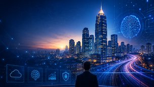 A futuristic Bangalore skyline at sunset illuminated with neon AI-inspired digital elements, featuring smart city infrastructure, glowing data networks, and enterprise technology icons. A silhouetted professional overlooks the city, symbolizing innovation, AI product engineering, and the evolution of Bangalore from traditional IT outsourcing to a next-generation AI tech ecosystem.