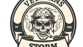 Skull wearing a helmet, smoking a cigar, centered in a circular emblem. Text: Veterans of the Storm. Monochrome design, bold and gritty.
