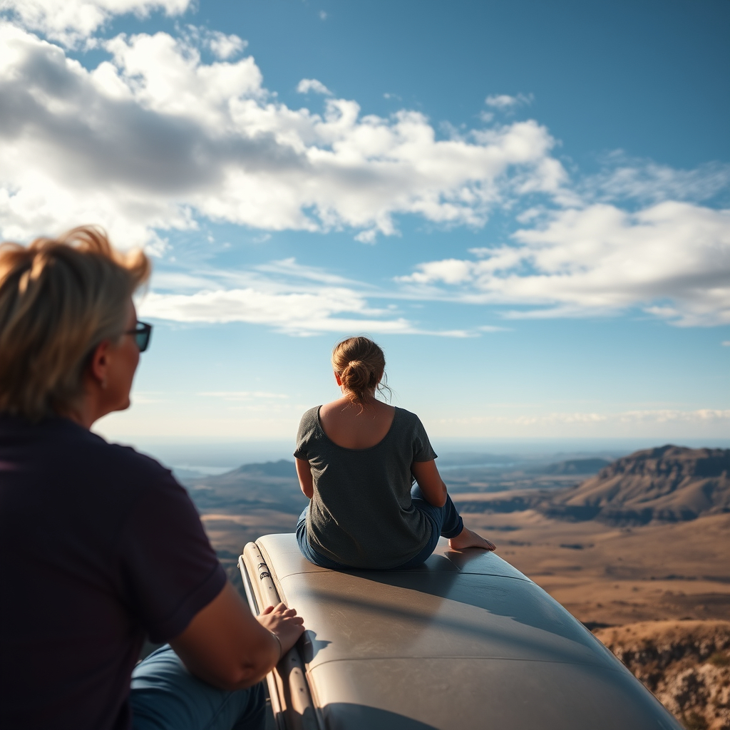 middle aged woman sitting on top of van looking at horizon.jpg