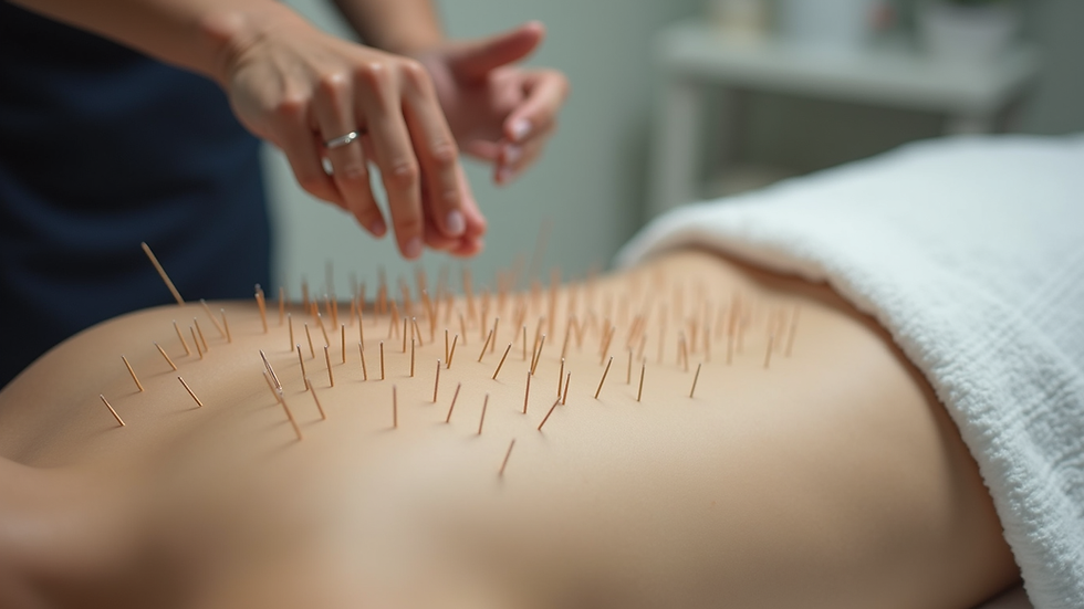 Close-up view of acupuncture needles on a treatment table