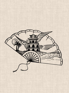 Vietnamese crane and traditional pagoda with palm trees and sunset inside a folding fan black linework tattoo design by DN Tattoo Vietnam