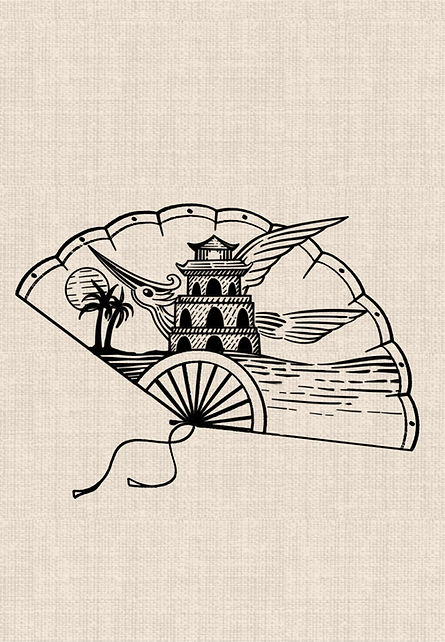 Vietnamese crane and traditional pagoda with palm trees and sunset inside a folding fan black linework tattoo design by DN Tattoo Vietnam