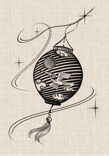 Traditional lantern with flying crane, moon and Asian cloud motifs in black linework graphic tattoo design by DN Tattoo Vietnam