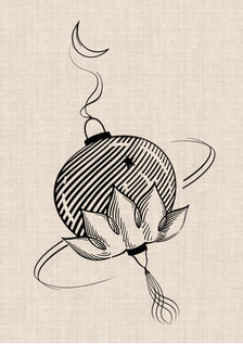 Round lotus lantern tattoo design with crescent moon, layered lotus petals, fine black linework and flowing ornamental details by DN Tattoo  in Da Nang, Vietnam.