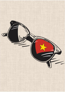 Sunglasses reflecting the Vietnamese red flag with yellow star graphic tattoo design by DN Tattoo in Da Nang, Vietnam.