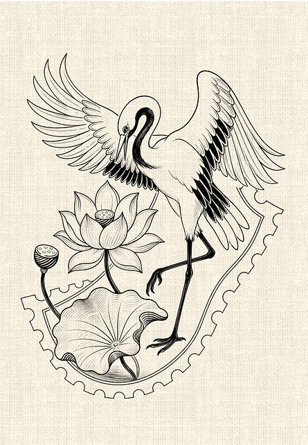 Crane with lotus flowers and leaves in detailed black linework tattoo design by DN Tattoo Vietnam