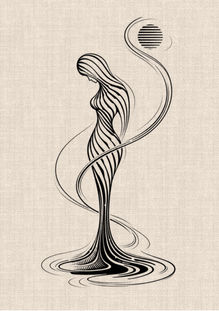 Flowing feminine silhouette tattoo design with curved black lines, abstract water forms and striped sun by DN Tattoo in Da Nang, Vietnam.