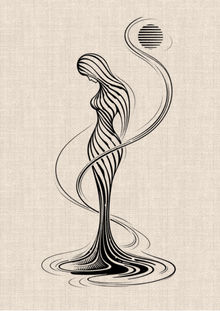 Flowing feminine silhouette tattoo design with curved black lines, abstract water forms and striped sun by DN Tattoo in Da Nang, Vietnam.