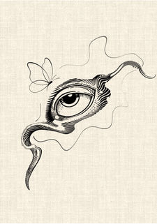 Surreal human eye with butterfly and flowing abstract linework graphic tattoo design by DN Tattoo Vietnam