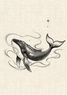 Humpback whale surrounded by flowing water lines and stars in black graphic linework tattoo design by DN Tattoo Vietnam