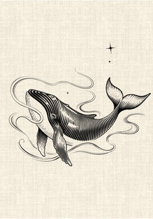 Humpback whale surrounded by flowing water lines and stars in black graphic linework tattoo design by DN Tattoo Vietnam