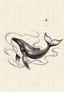 Humpback whale surrounded by flowing water lines and stars in black graphic linework tattoo design by DN Tattoo Vietnam