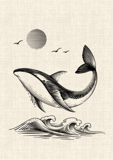Whale swimming above ocean waves with sun and birds in black graphic linework tattoo design by DN Tattoo Vietnam