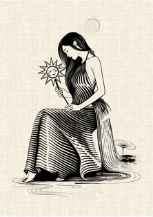 Seated Vietnamese woman holding a sun-shaped flower with flowing dress, water and lotus details in a black linework tattoo design by DN Tattoo in Da Nang, Vietnam.