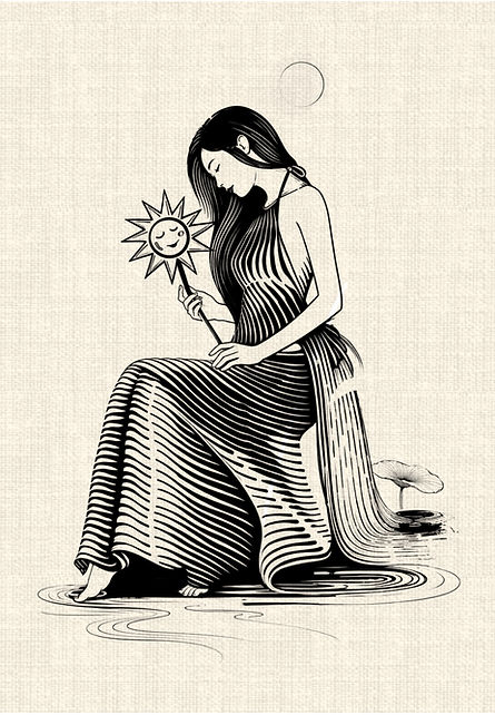 Seated Vietnamese woman holding a sun-shaped flower with flowing dress, water and lotus details in a black linework tattoo design by DN Tattoo in Da Nang, Vietnam.