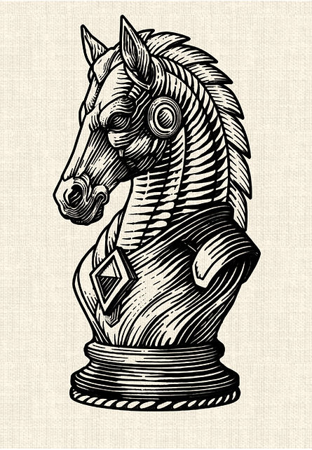 Horse knight chess piece in detailed black graphic linework tattoo design by DN Tattoo Vietnam