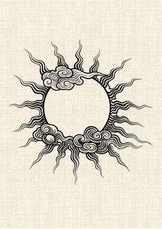 Radiant sun with traditional Asian clouds and flowing rays black linework graphic tattoo design by DN Tattoo Vietnam
