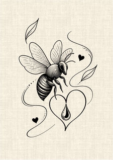Bee with heart, honey drop, leaves and flowing black linework tattoo design by DN Tattoo Vietnam