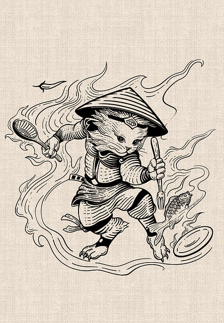 Vietnamese warrior cat wearing a conical hat and cooking fish, graphic blackwork tattoo design by DN Tattoo Vietnam