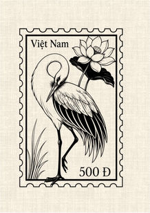 Vietnamese crane and lotus postage stamp in black linework tattoo design by DN Tattoo Vietnam