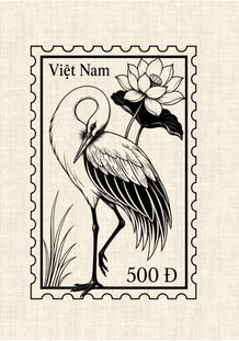 Vietnamese crane and lotus postage stamp in black linework tattoo design by DN Tattoo Vietnam