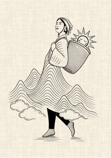 Vietnamese highland woman carrying a woven basket with a symbolic sun, flowing mountain lines and clouds in a graphic tattoo design by DN Tattoo in Da Nang, Vietnam.