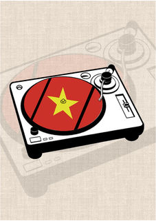 Turntable with Vietnamese red flag and yellow star vinyl record graphic tattoo design by DN Tattoo in Da Nang, Vietnam.