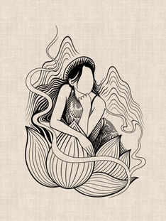 Seated lotus maiden tattoo design with layered lotus petals, flowing mountain lines and ornamental black linework by DN Tattoo in Da Nang, Vietnam.